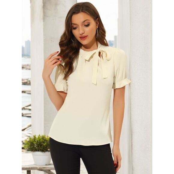 Bow Tie Neck Tops Workwear Short Sleeve Blouse Beige - Picture 2 of 5